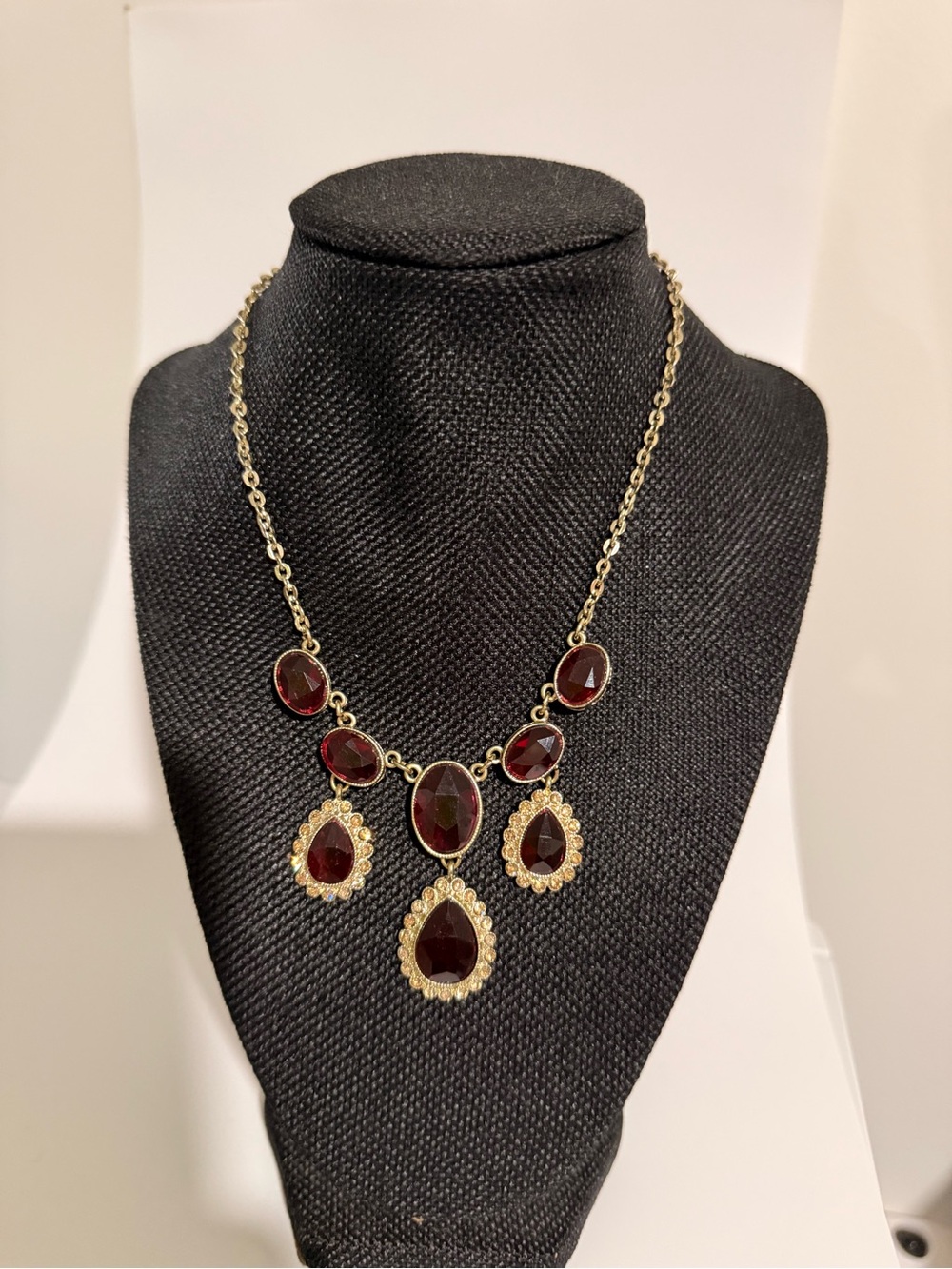 Gold-Tone Statement Necklace with Deep Red Gemstones - Women Jewelry - Picture 2 of 4
